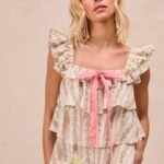 Floral Printed Woven Front Bow Tied Ruffled Square Neck Top - Ivory