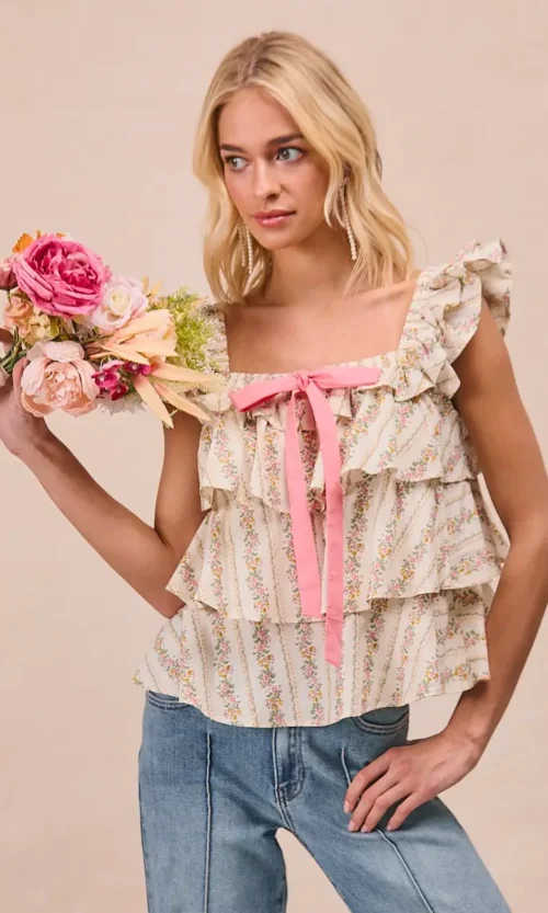 Floral Printed Woven Front Bow Tied Ruffled Square Neck Top