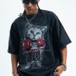 vintage wash oversized graphic t shirt boxing cat premium streetwear tee