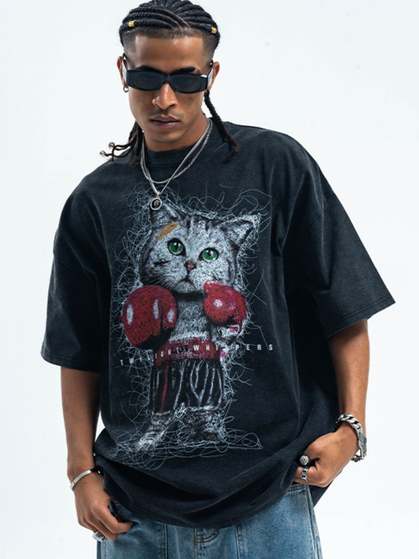 vintage wash oversized graphic t shirt boxing cat premium streetwear tee
