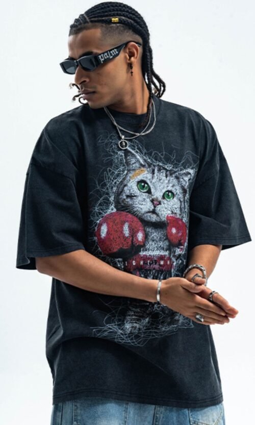 vintage wash oversized graphic t shirt boxing cat premium streetwear tee