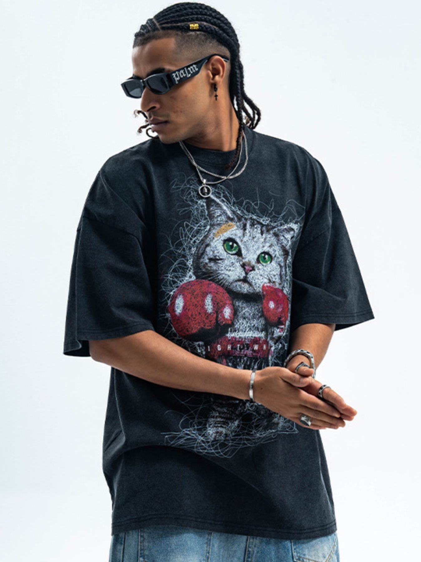 vintage wash oversized graphic t shirt boxing cat premium streetwear tee
