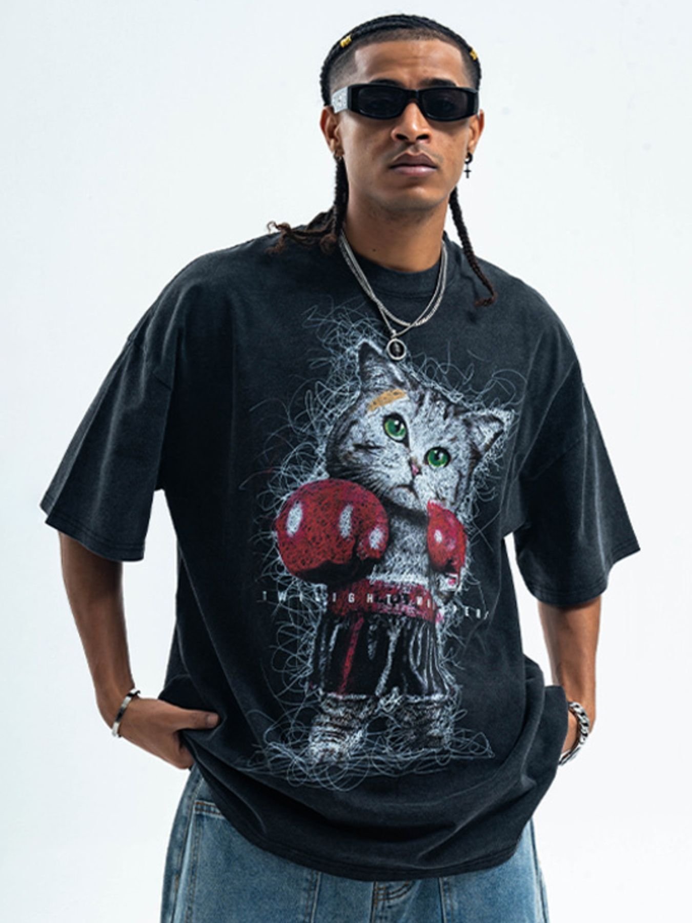 vintage wash oversized graphic t shirt boxing cat premium streetwear tee