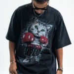 vintage wash oversized graphic t shirt boxing cat premium streetwear tee