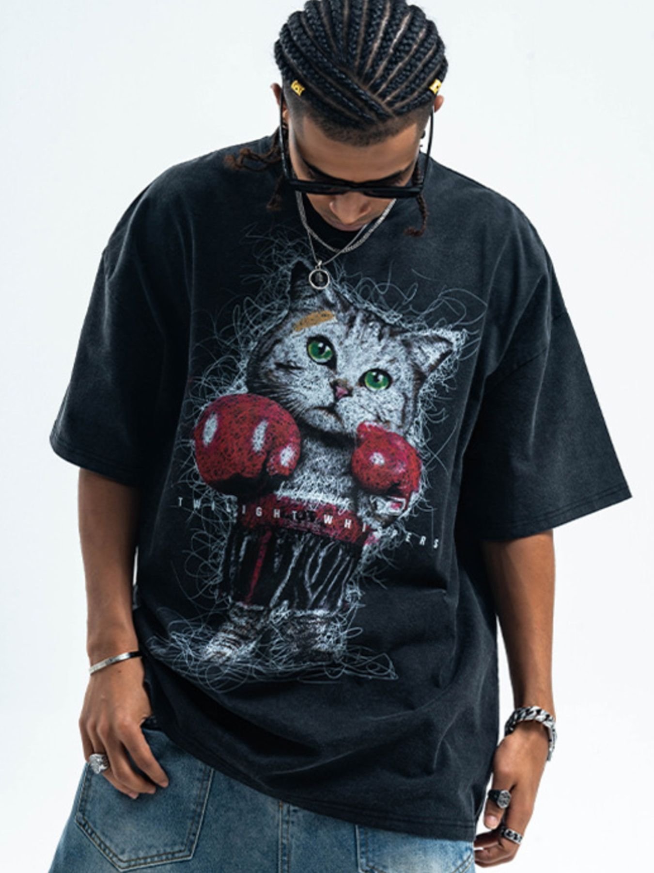 vintage wash oversized graphic t shirt boxing cat premium streetwear tee