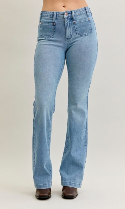 Mid-Rise Bootcut Jeans with Contrast Wash & Front Patch Pockets