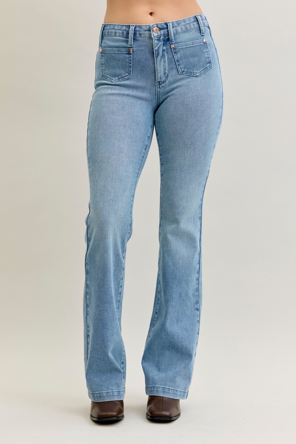 Mid-Rise Bootcut Jeans with Contrast Wash & Front Patch Pockets