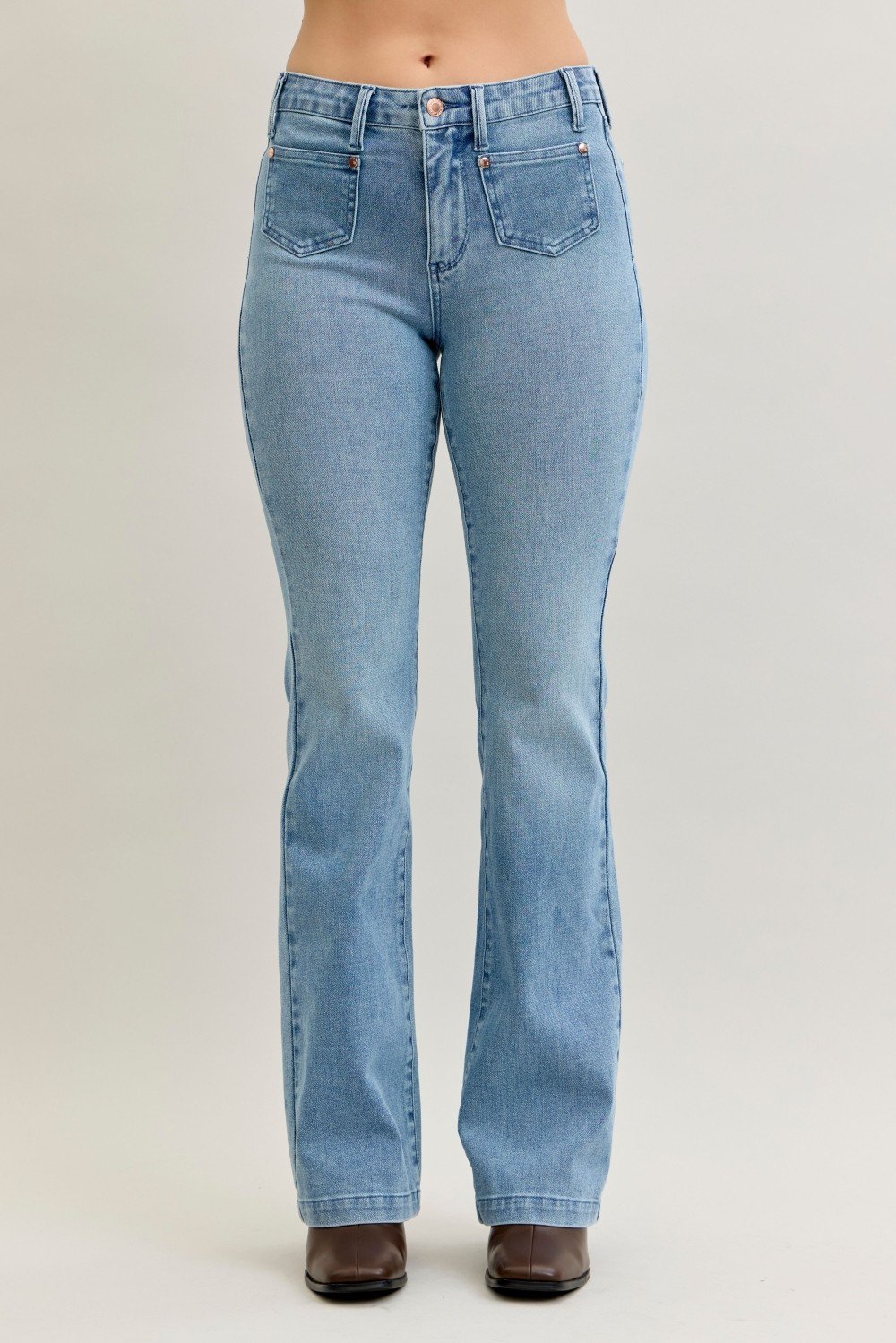 Mid-Rise Bootcut Jeans with Contrast Wash & Front Patch Pockets - Image 2
