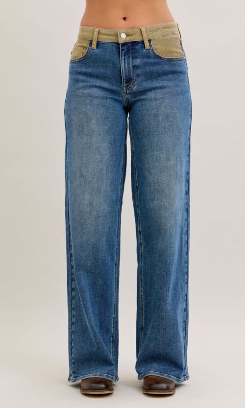 Mid-Rise Column Straight Leg Jeans with Corduroy Waistband