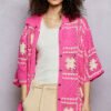 pink granny square crochet button down shirt boho openwork knit top