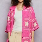pink granny square crochet button down shirt boho openwork knit top