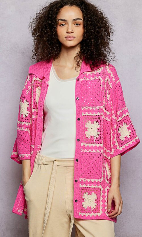 pink granny square crochet button down shirt boho openwork knit top