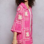 pink granny square crochet button down shirt boho openwork knit top