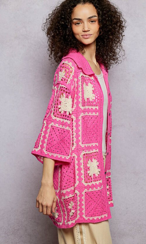 pink granny square crochet button down shirt boho openwork knit top