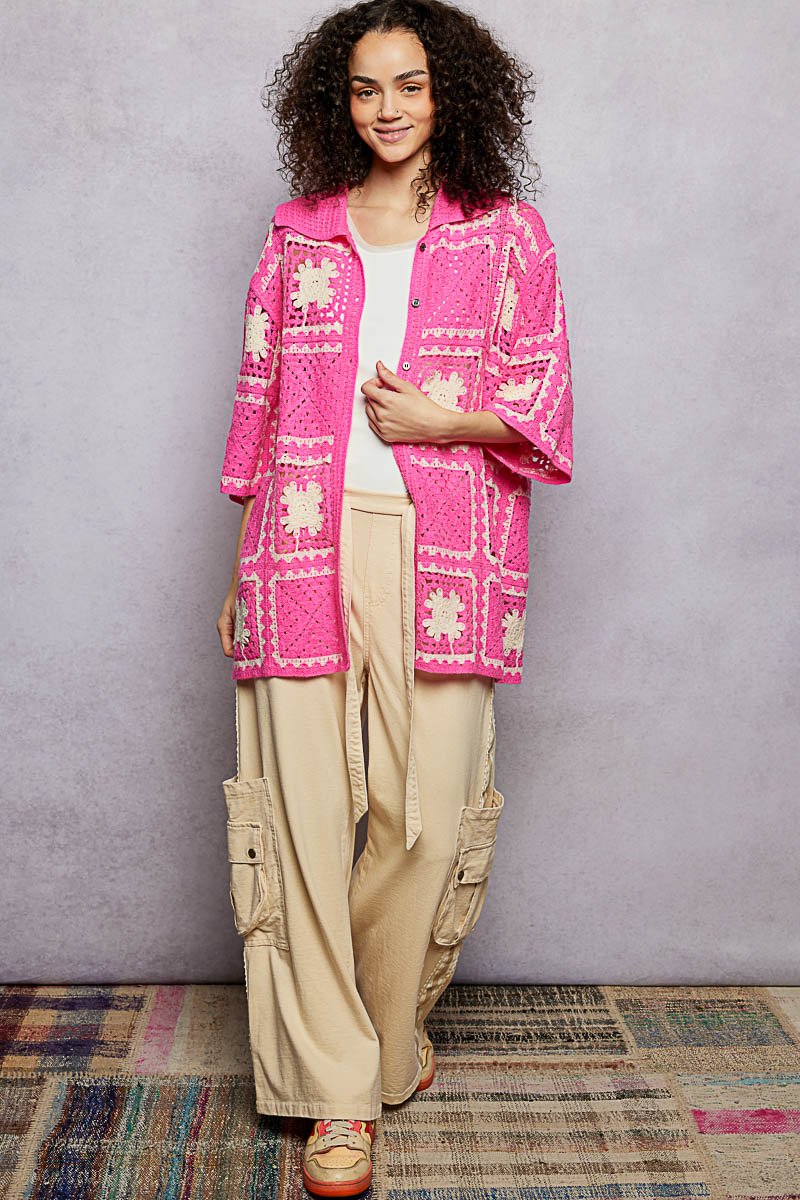 pink granny square crochet button down shirt boho openwork knit top