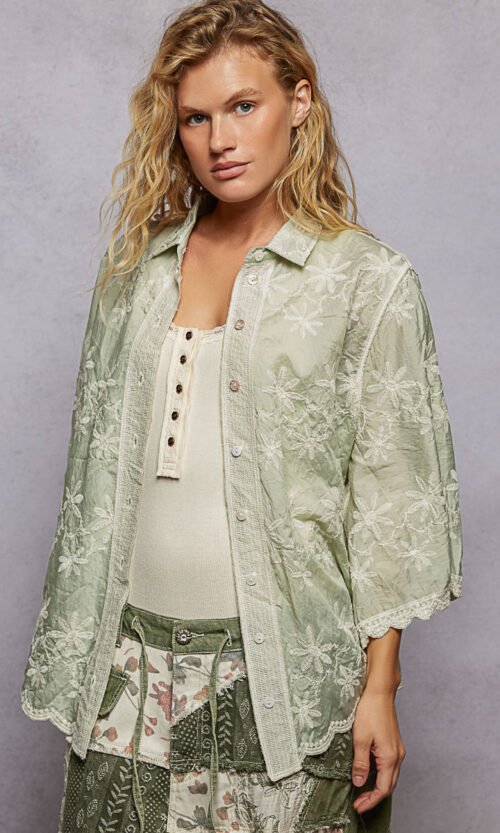 Embroidered Floral Lace Collared Shirt with Scalloped Edges - Sage Green Boho Top
