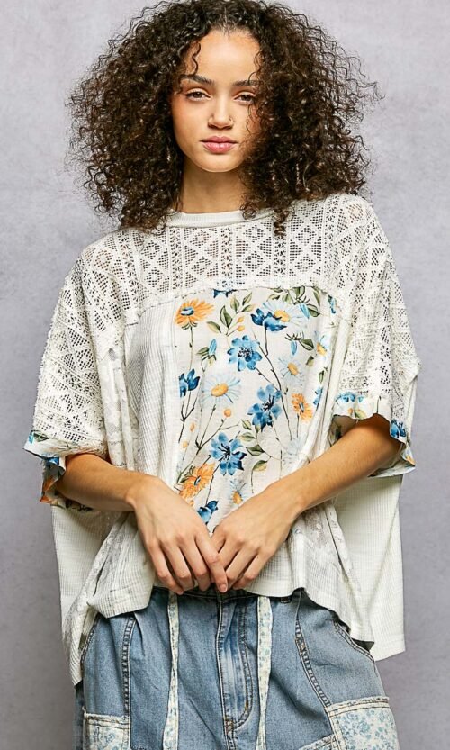 women’s ivory floral patchwork lace accent blouse