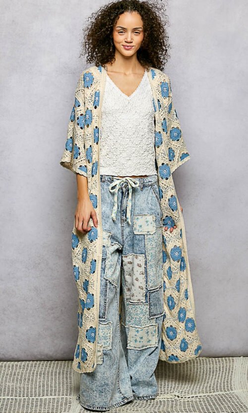 Open Front Floral Crochet Longline Cardigan