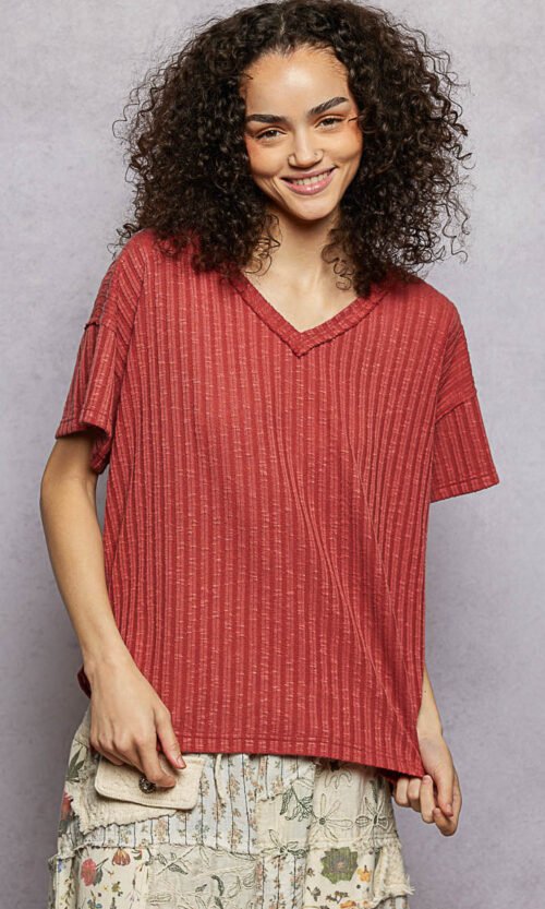 Ribbed Knit V-Neck Short Sleeve T-Shirt with Side Slit