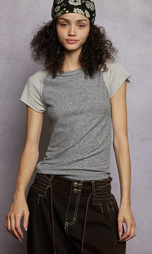 women's round neck ribbed raglan t shirt with contrast sleeves & outseam detail vintage grey