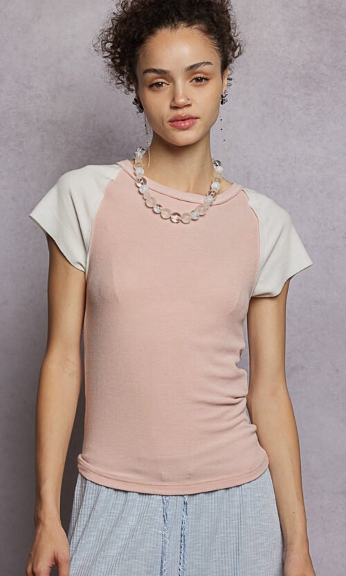 Vintage Wash Contrast Raglan Sleeve Top with Raw Edge & Outseam Details