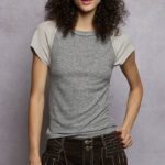 women's round neck ribbed raglan t shirt with contrast sleeves & outseam detail vintage grey
