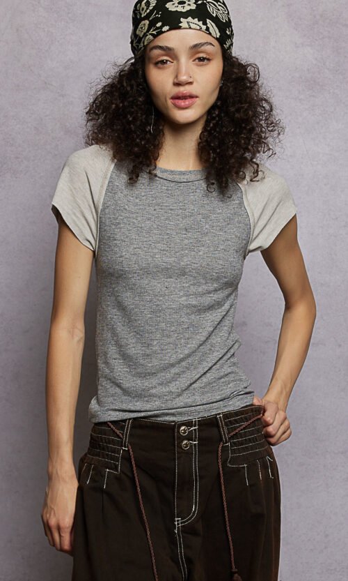 women's round neck ribbed raglan t shirt with contrast sleeves & outseam detail vintage grey