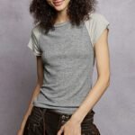 women's round neck ribbed raglan t shirt with contrast sleeves & outseam detail vintage grey