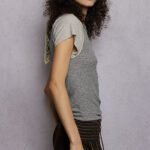 women's round neck ribbed raglan t shirt with contrast sleeves & outseam detail vintage grey