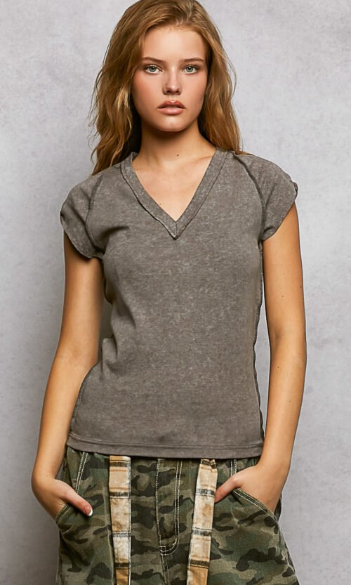 vintage mineral wash exposed seam v neck tee – premium cotton slim fit top