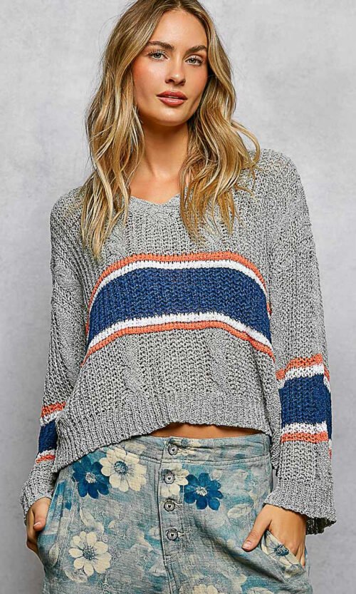 V-Neck Striped Pattern Cropped Knit Top with Cable Knit Detail
