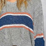 V-Neck Striped Pattern Cropped Knit Top with Cable Knit Detail - GREY