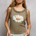 Women’s Olive Washed Floral Stud Round Neck Tank Top - Olive
