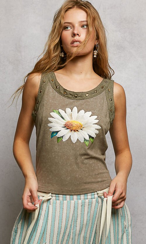 Women’s Olive Washed Floral Stud Round Neck Tank Top