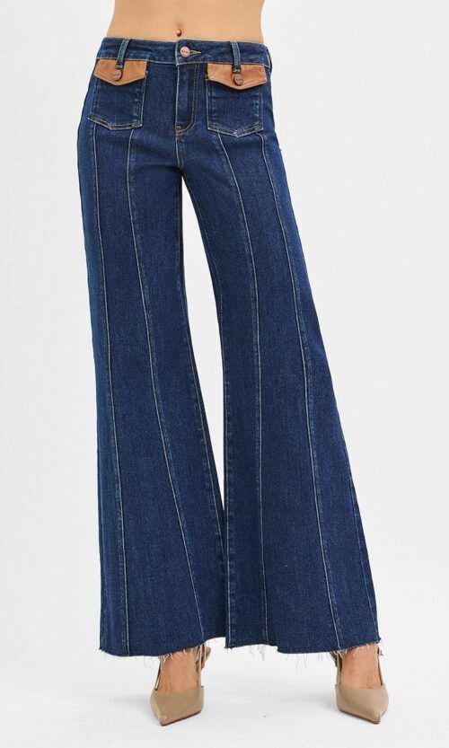 High Rise Wide Flare Jeans with Front Leather Pocket Detail