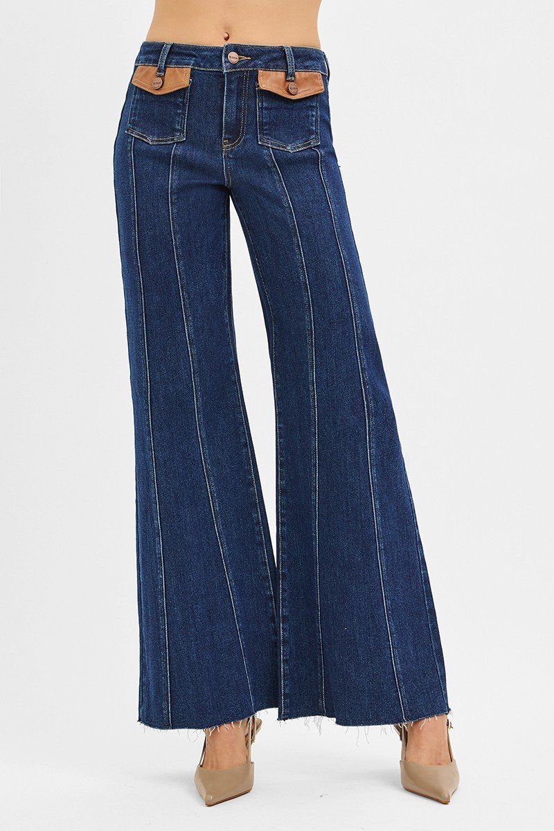 High Rise Wide Flare Jeans with Front Leather Pocket Detail