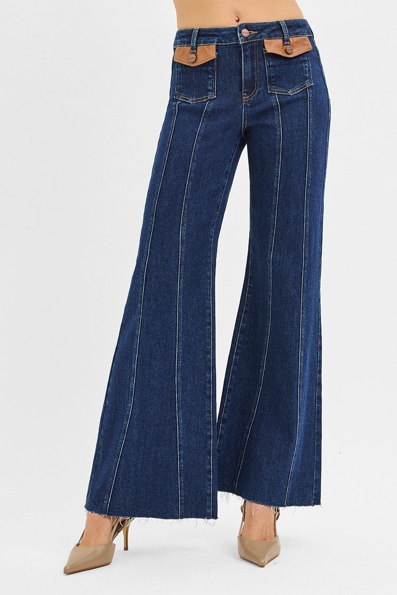 High Rise Wide Flare Jeans with Front Leather Pocket Detail - Image 2