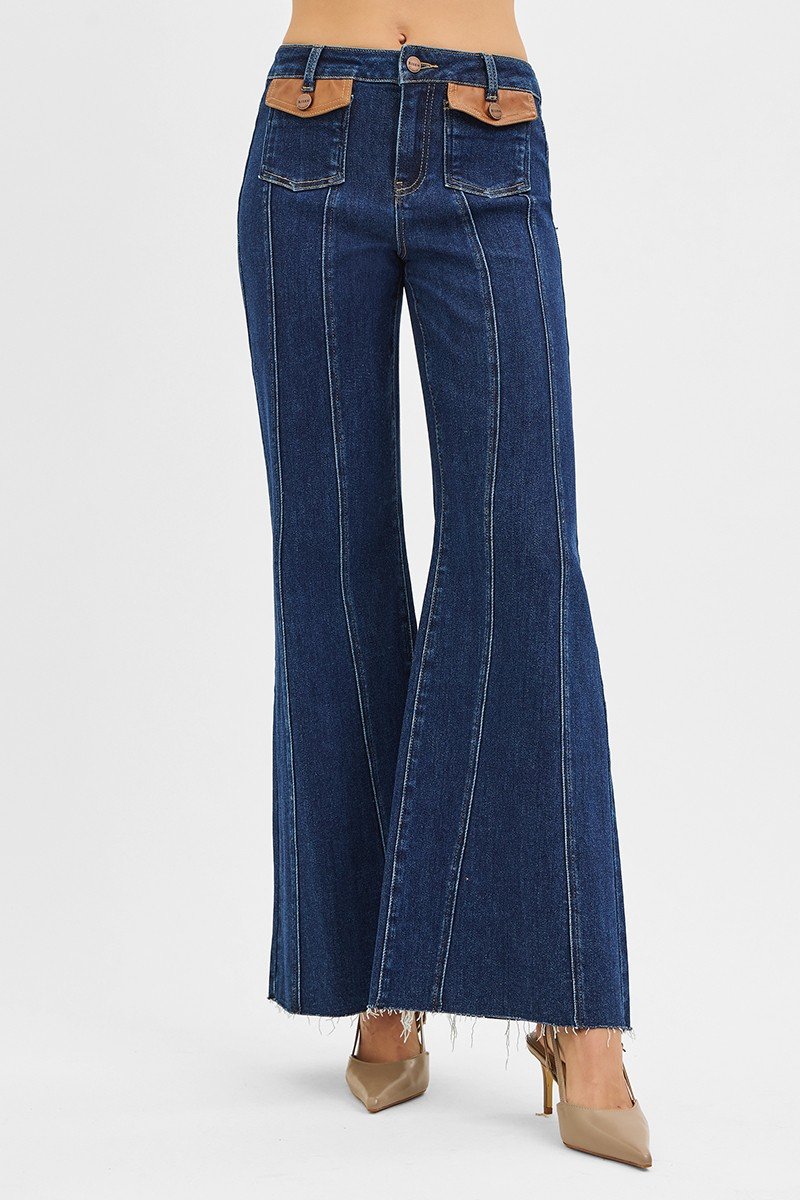 High Rise Wide Flare Jeans with Front Leather Pocket Detail - Image 5