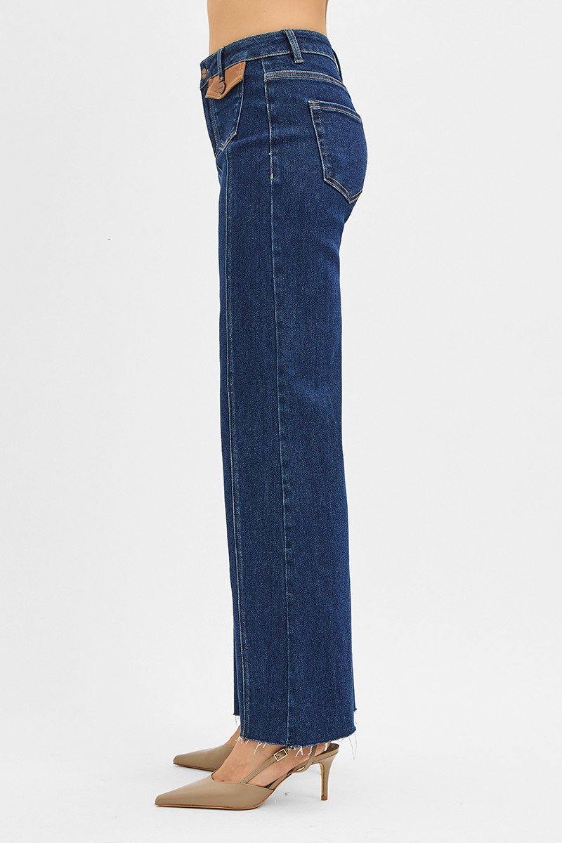 High Rise Wide Flare Jeans with Front Leather Pocket Detail - Image 3