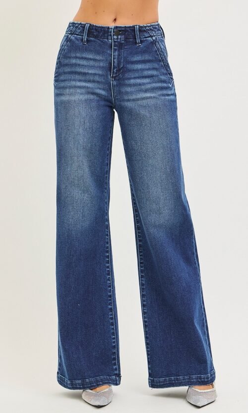 Women's Dark High Rise Wide Leg Jeans with Slanted Pockets
