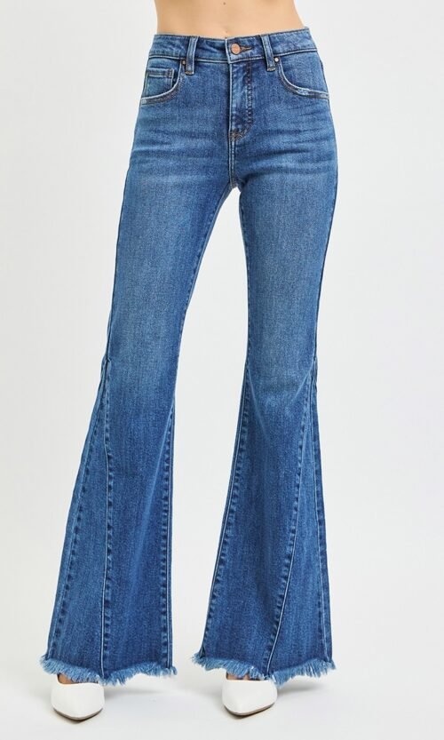 Women's Dark Mid Rise Flare Jeans with Side Seam Detailing