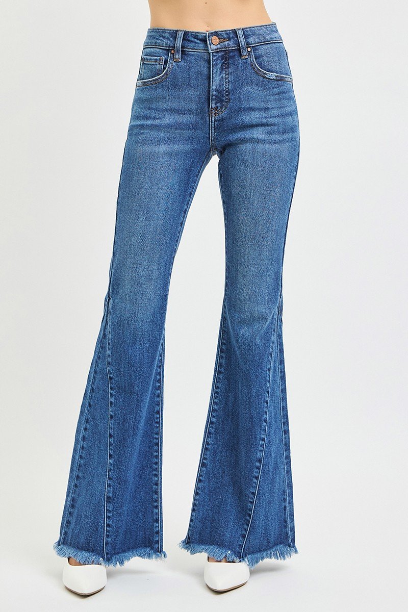 Women's Dark Mid Rise Flare Jeans with Side Seam Detailing