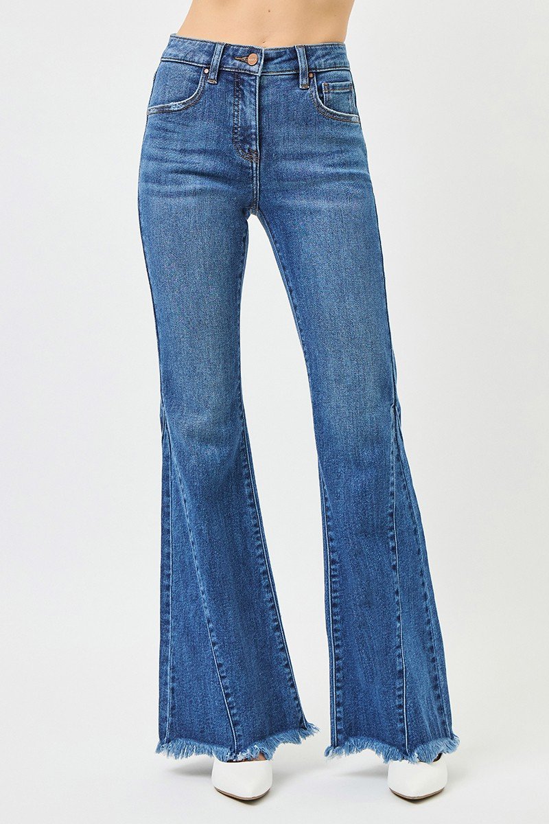 Women's Dark Mid Rise Flare Jeans with Side Seam Detailing - Image 3