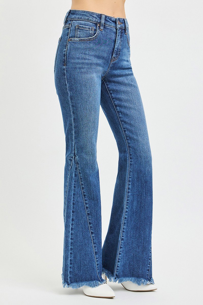 Women's Dark Mid Rise Flare Jeans with Side Seam Detailing - Image 5