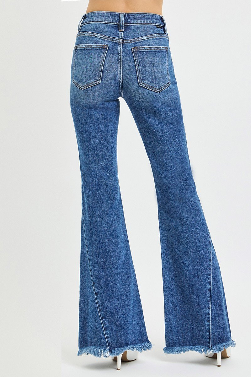 Women's Dark Mid Rise Flare Jeans with Side Seam Detailing - Image 6