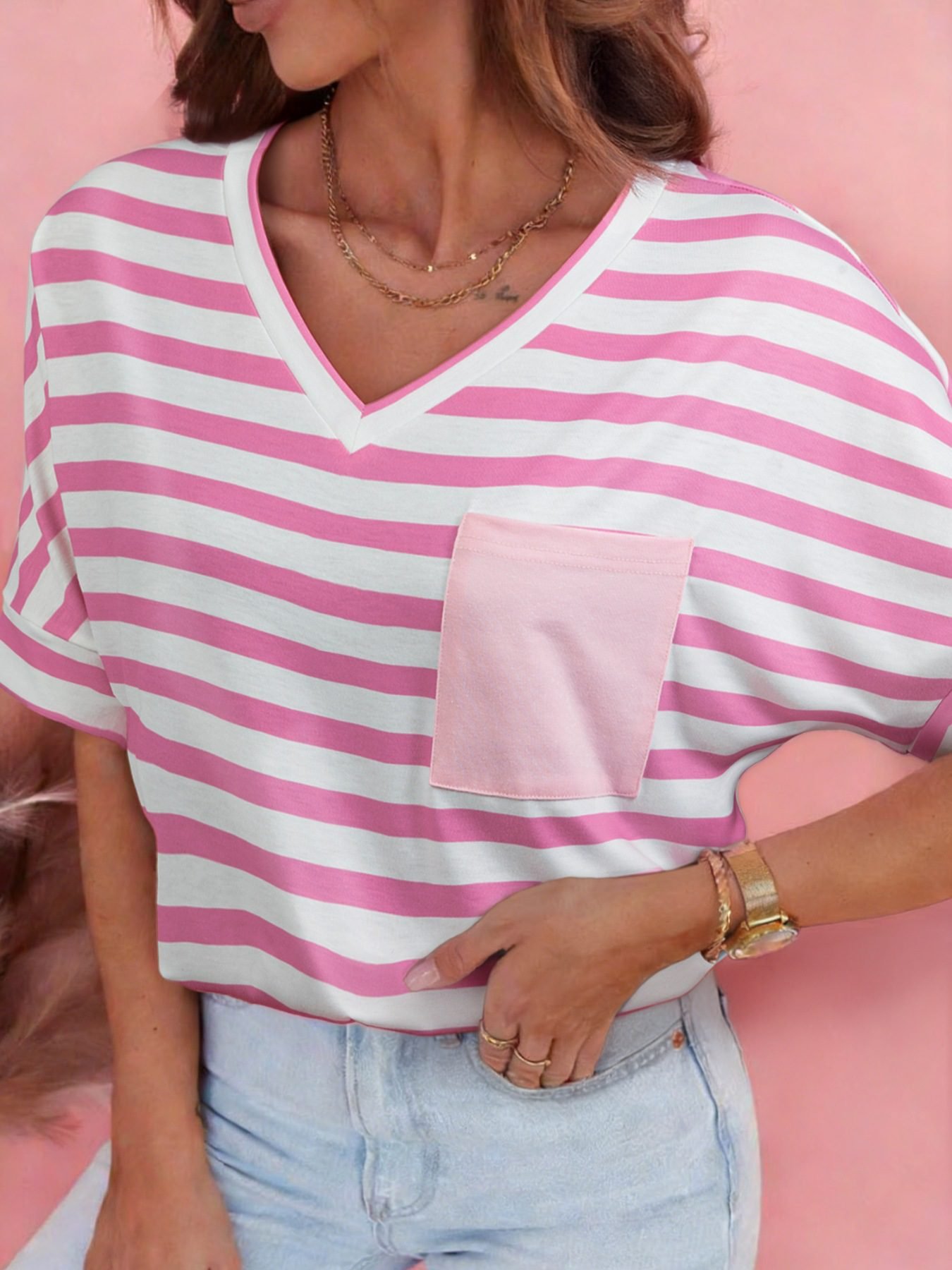Stripe V Neck Patched Pocket Casual T Shirt