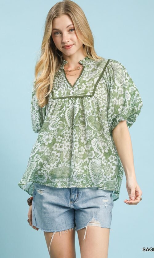 Women's Sage Abstract Print Ruffled Puff Sleeve Top