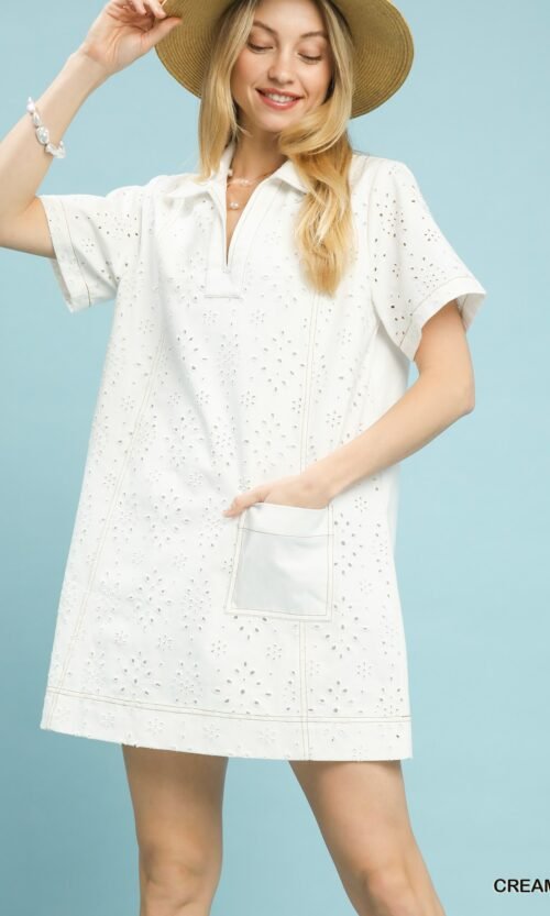Women's Cream Eyelet Short Sleeve Shift Dress with Pockets