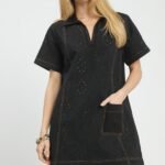 Women's Black Eyelet Short Sleeve Shift Dress with Pockets - Black