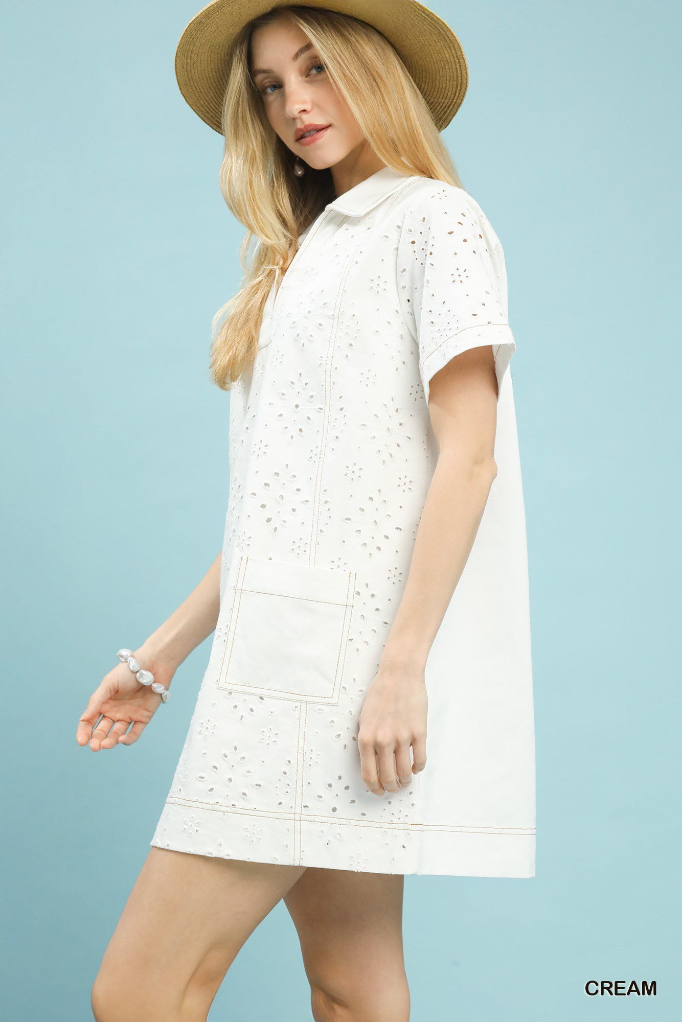Women's Cream Eyelet Short Sleeve Shift Dress with Pockets